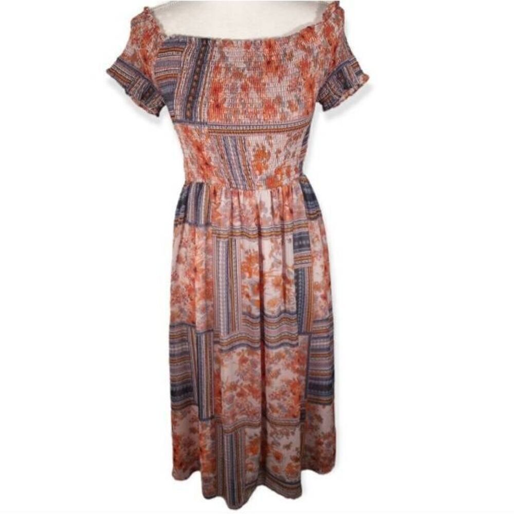 XHILARATION SMOCKED OFF-THE-SHOULDER PINK, BLUE, & YELLOW DRESS SZ.S EUC.